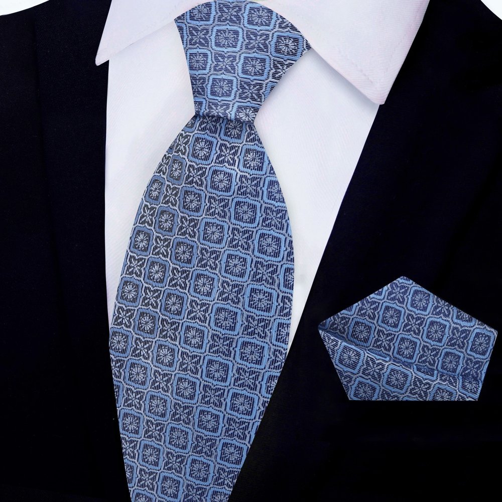 Blue Geometric Tie and Pocket Square