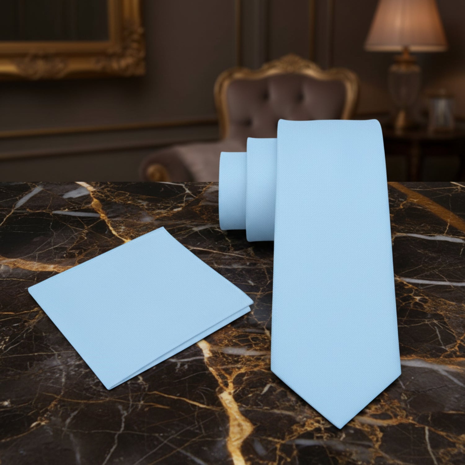 Alt View: Light Blue Linen Tie and Pocket Square