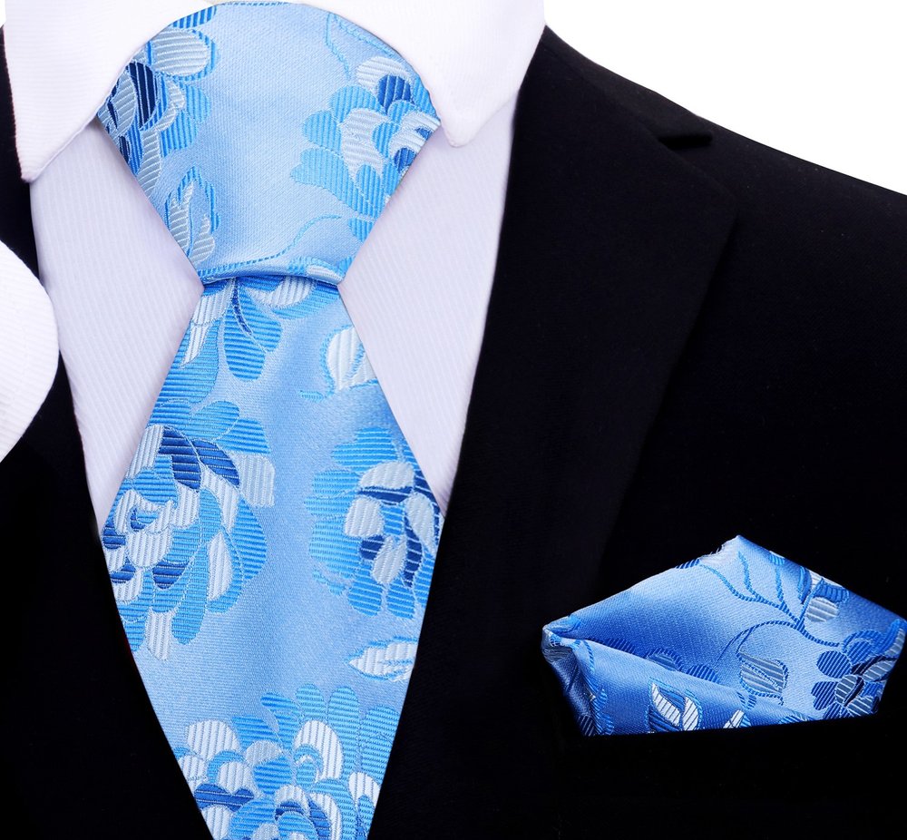 A Light Blue, Blue Color Large Abstract Flowers Silk Necktie, Matching Pocket Square||Light Blue