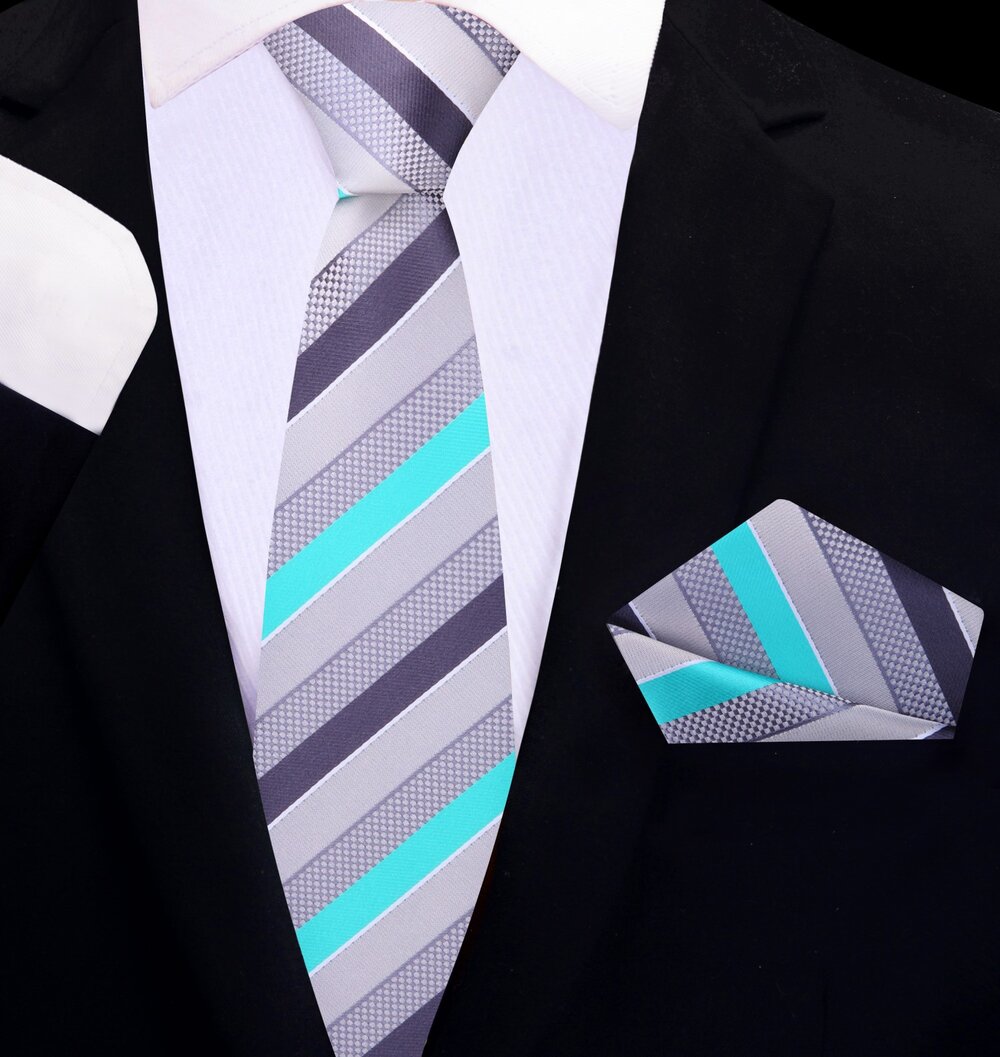 Thin Tie Light Grey, Silver, Orbit Purple, Blue Fury Stripe Tie and Pocket Square||Blue Fury