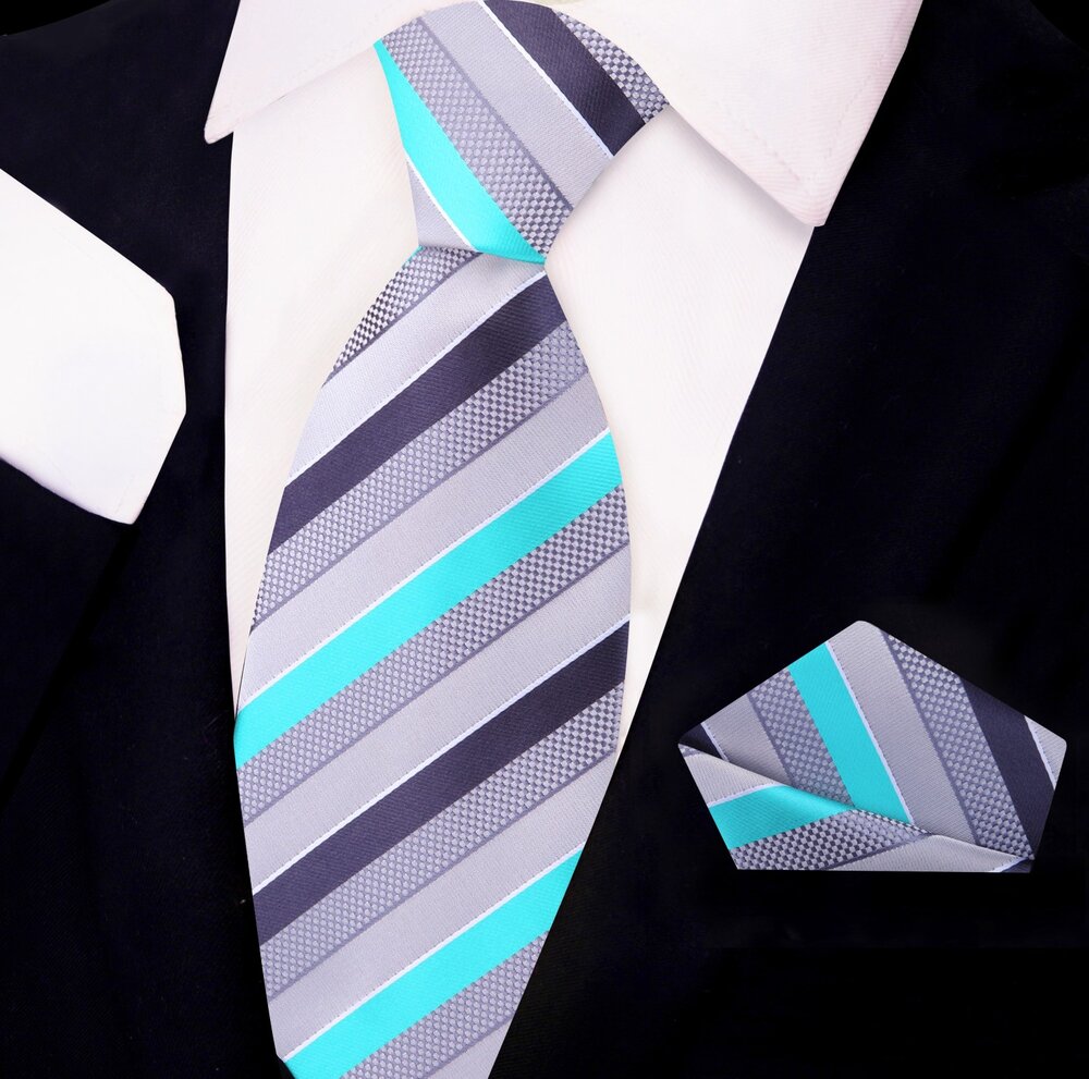 Light Grey, Silver, Orbit Purple, Blue Fury Stripe Tie and Square||Blue Fury