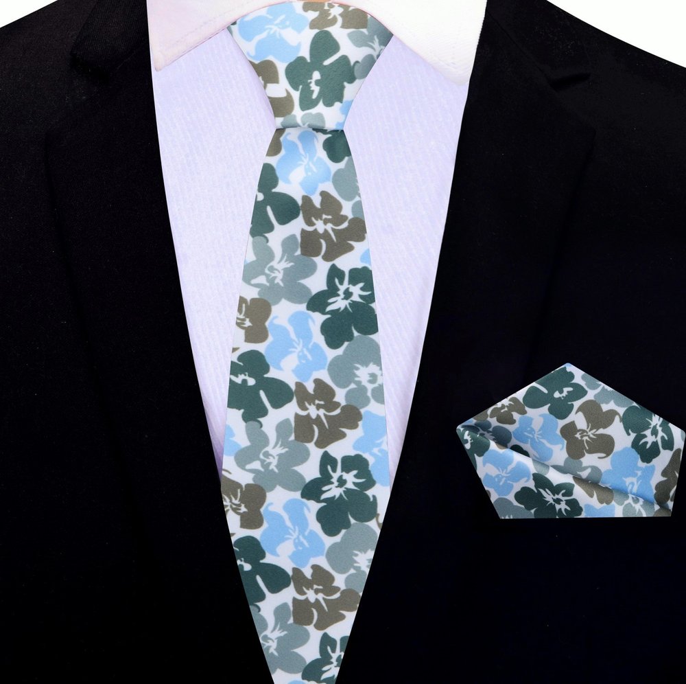 Blue, Purple Hibiscus Flowers Thin Tie and Pocket Square||Blue