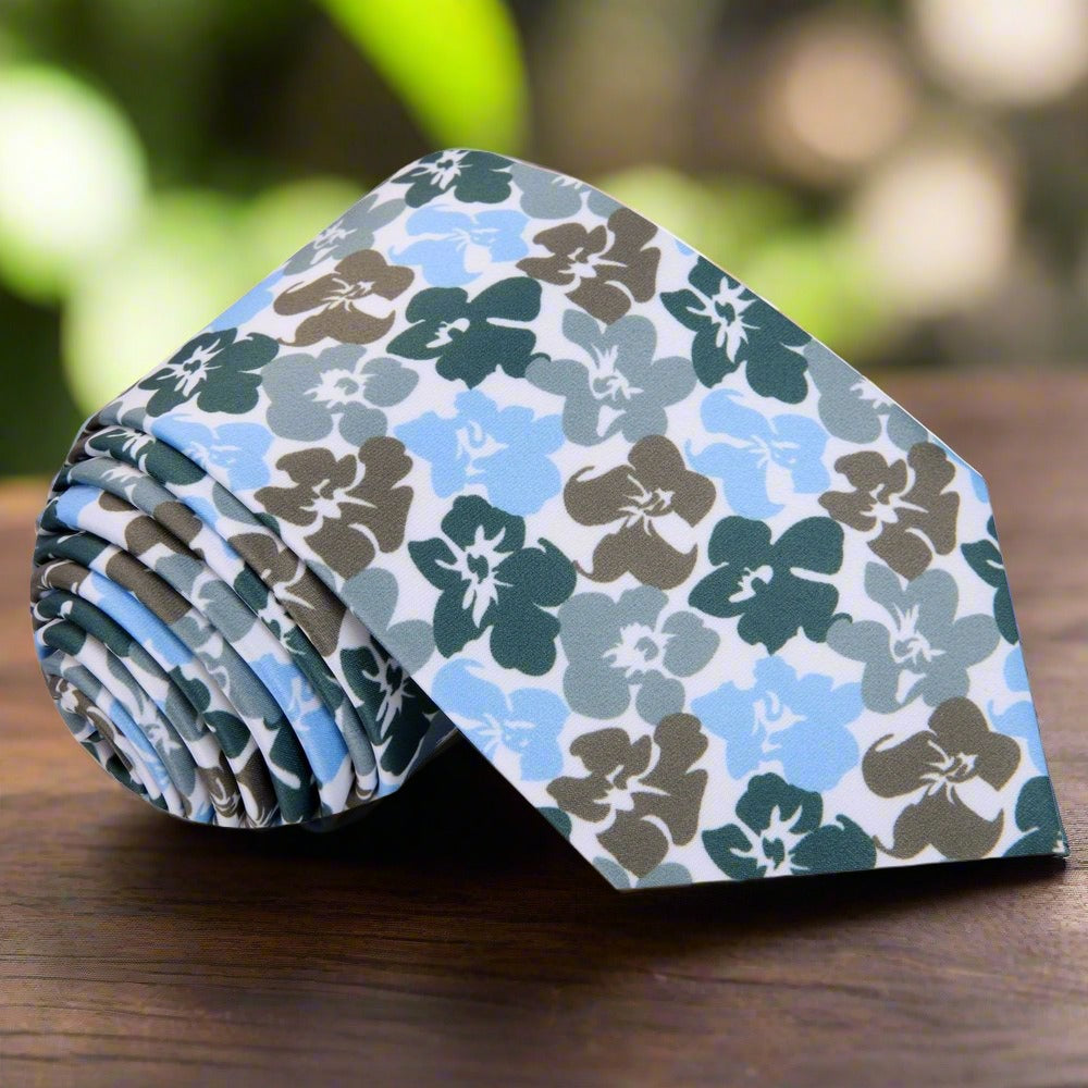 Olive Brown, Light Blue, Dark Green Hibiscus Flowers Tie||Olive Brown