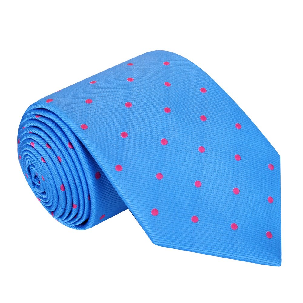 A Light Blue, Pink Small Polka Dots Pattern Silk Necktie ||Light Blue with Pink Dots