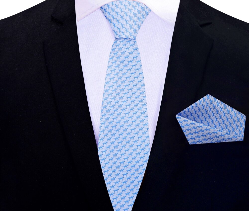 Light Blue Race Horses Thin Tie and Pocket Square
