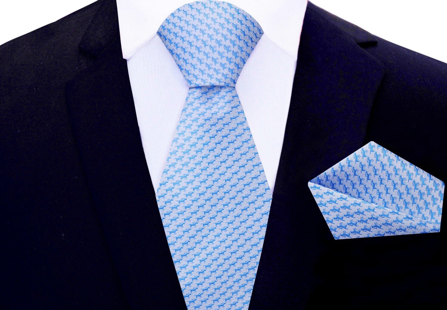 Main View: Light Blue Race Horses Tie and Pocket Square