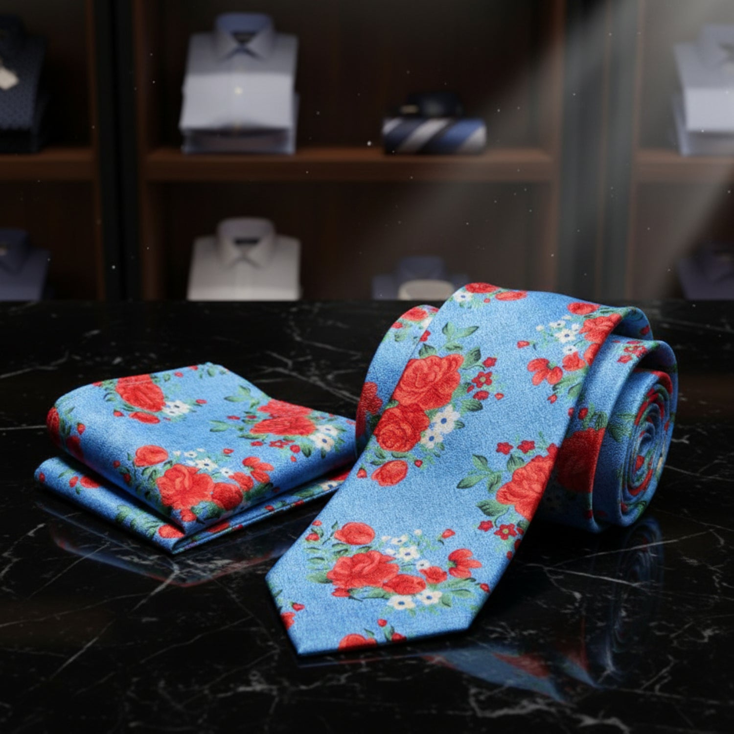 Light Blue, Red, Green Rose Bunches Tie and Pocket Square