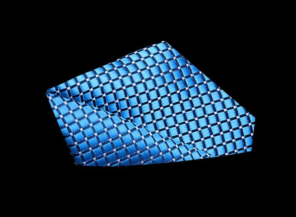 Light Blue, White Color Small Geometric with Check Pattern Silk Pocket Square||Light Blue, White