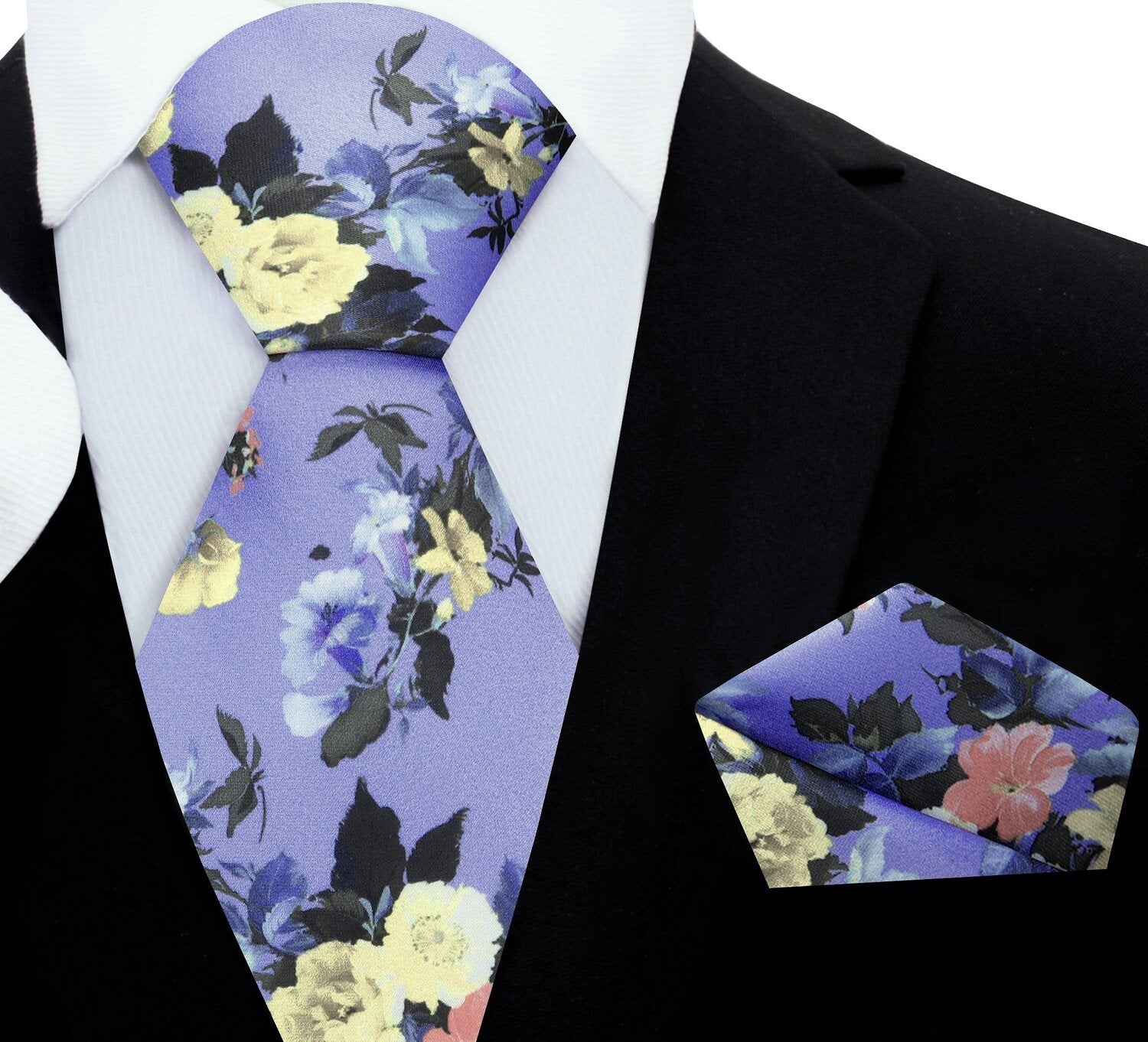Main View: A Indigo, Blue, And Yellow Floral Pattern Silk Necktie With Matching Pocket Square