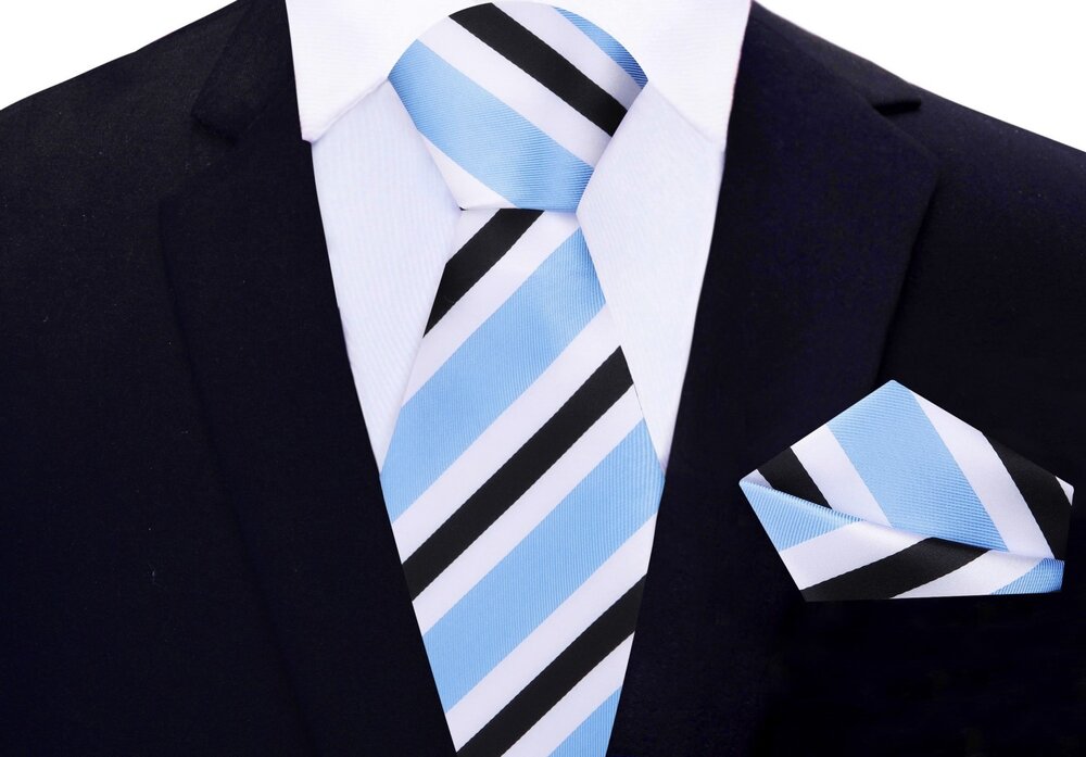 Main View: Light Blue, White, Black Stripe Tie and Pocket Square