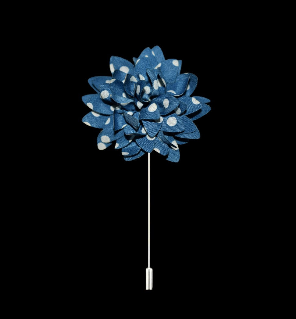 A Steel Blue, White Polka Dot Lapel Flower||Steel Blue, White