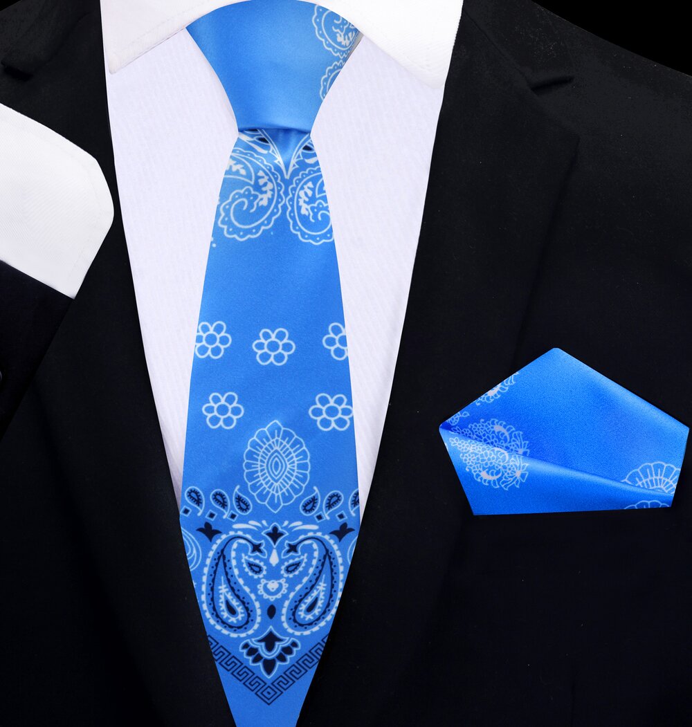 thin tie view Light Blue Bandana Tie and Square