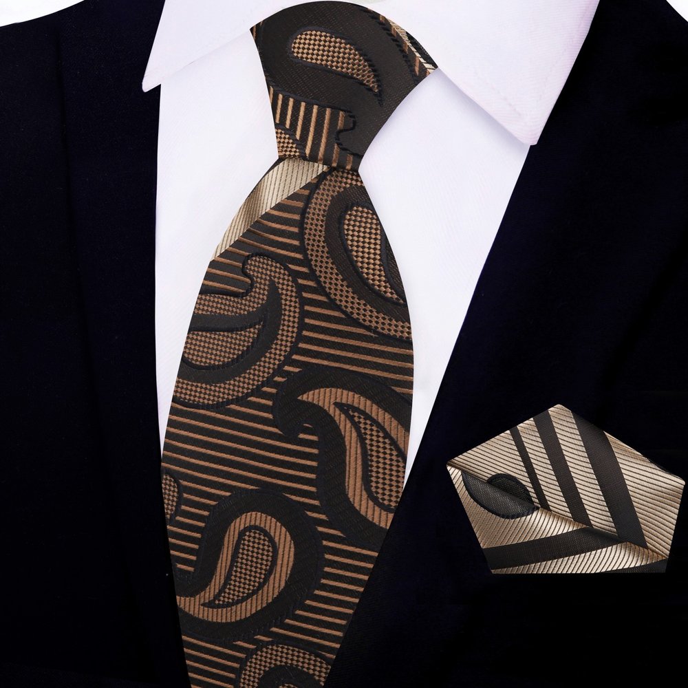 Rich Golden Brown Paisley Tie and Square||Brown
