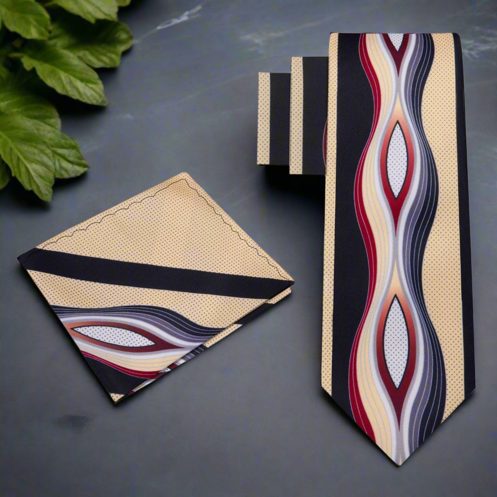 Alt View: Brown, Grey, Red Abstract Tie and Pocket Square