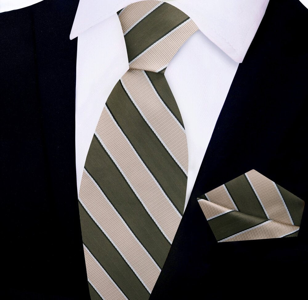 Army/Sage Green, Light Brown Stripe Tie and Square||Olive Green, Light Brown