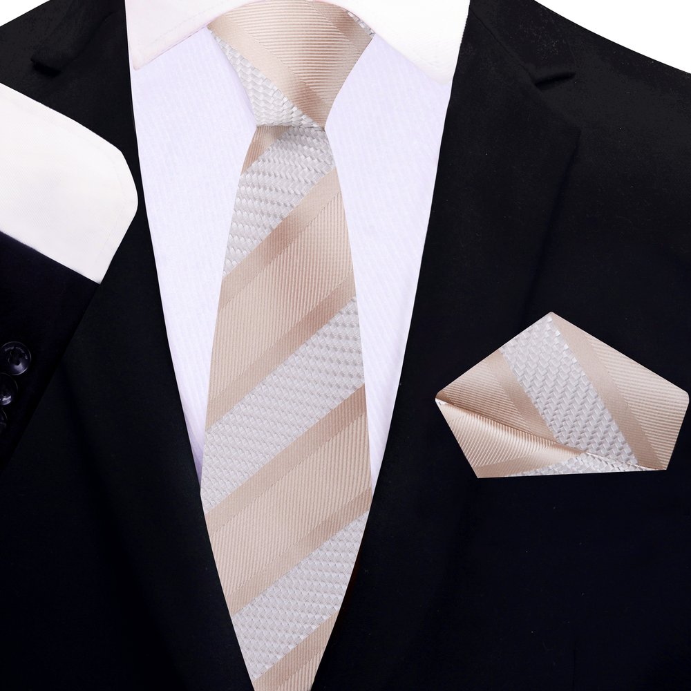 Light Brown, Pearl Victory Stripe Thin Tie and Square||Light Brown Pearl