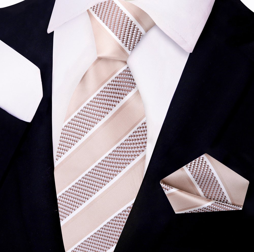 Light Brown Stripe Tie and Pocket Square||Light Brown
