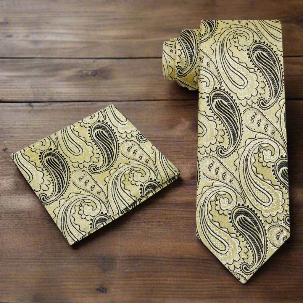 Alt View: A Light Yellow, Black Paisley Pattern Silk Necktie, Matching Pocket Square