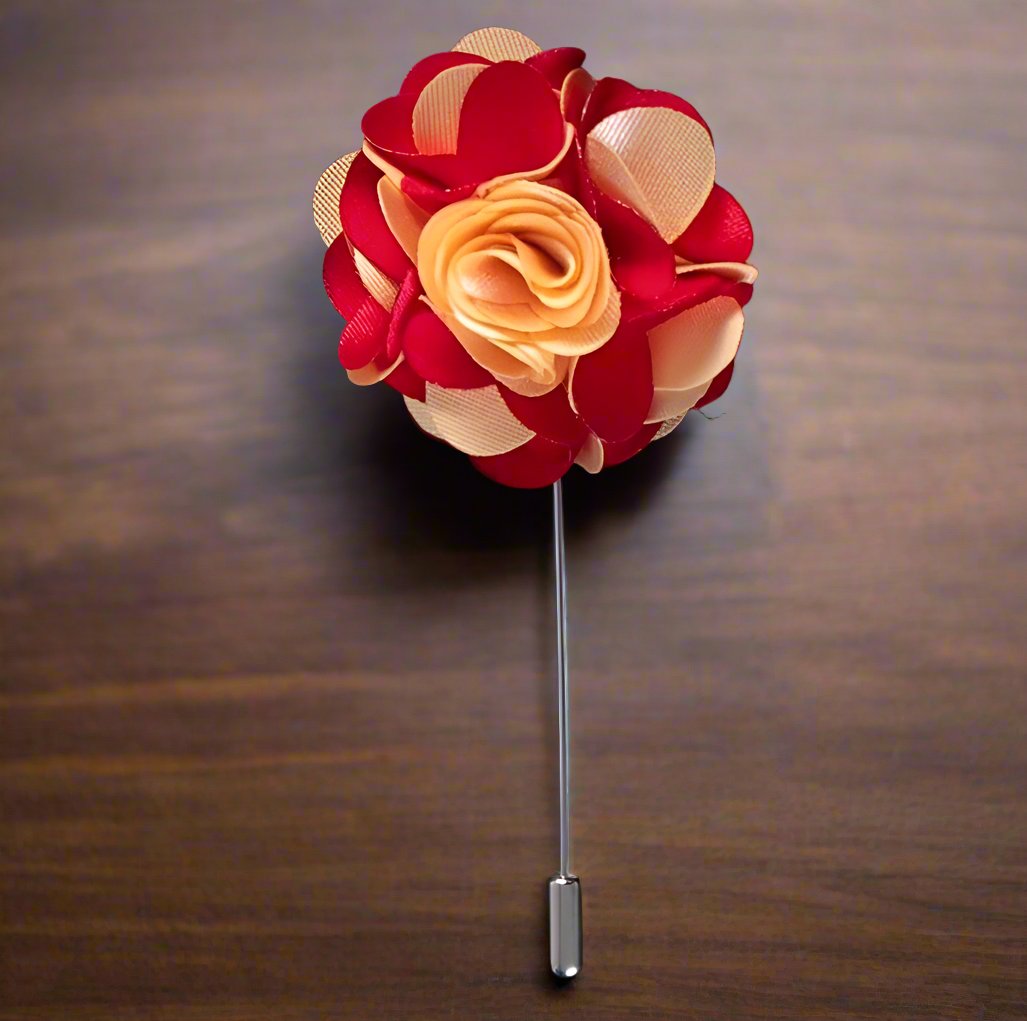 Light Gold Red Flower Lapel Pin||Light Gold, Red