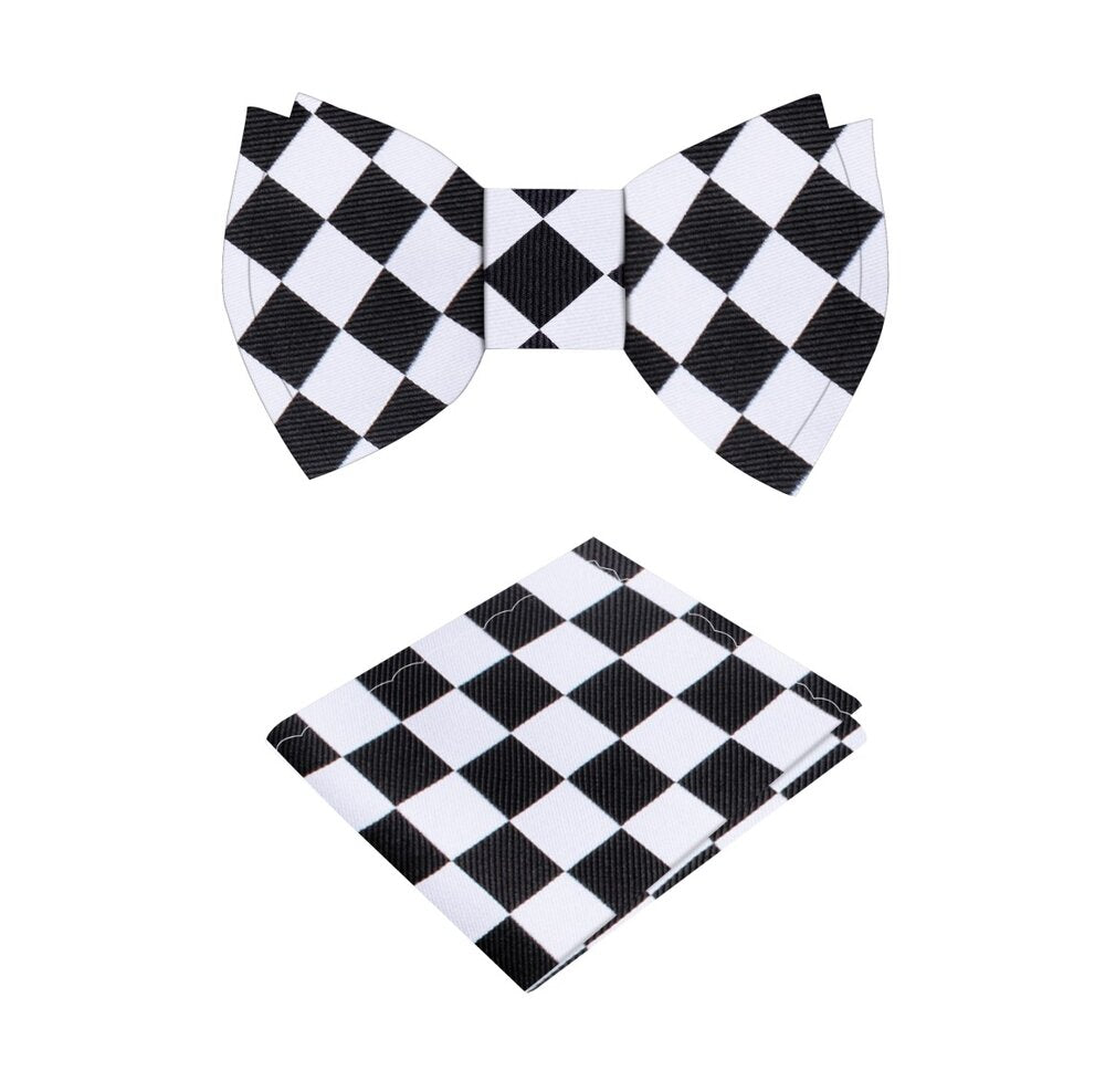 A Light Grey and Black Checkerboard Pattern Silk Self Tie Bow Tie With Matching Pocket Square