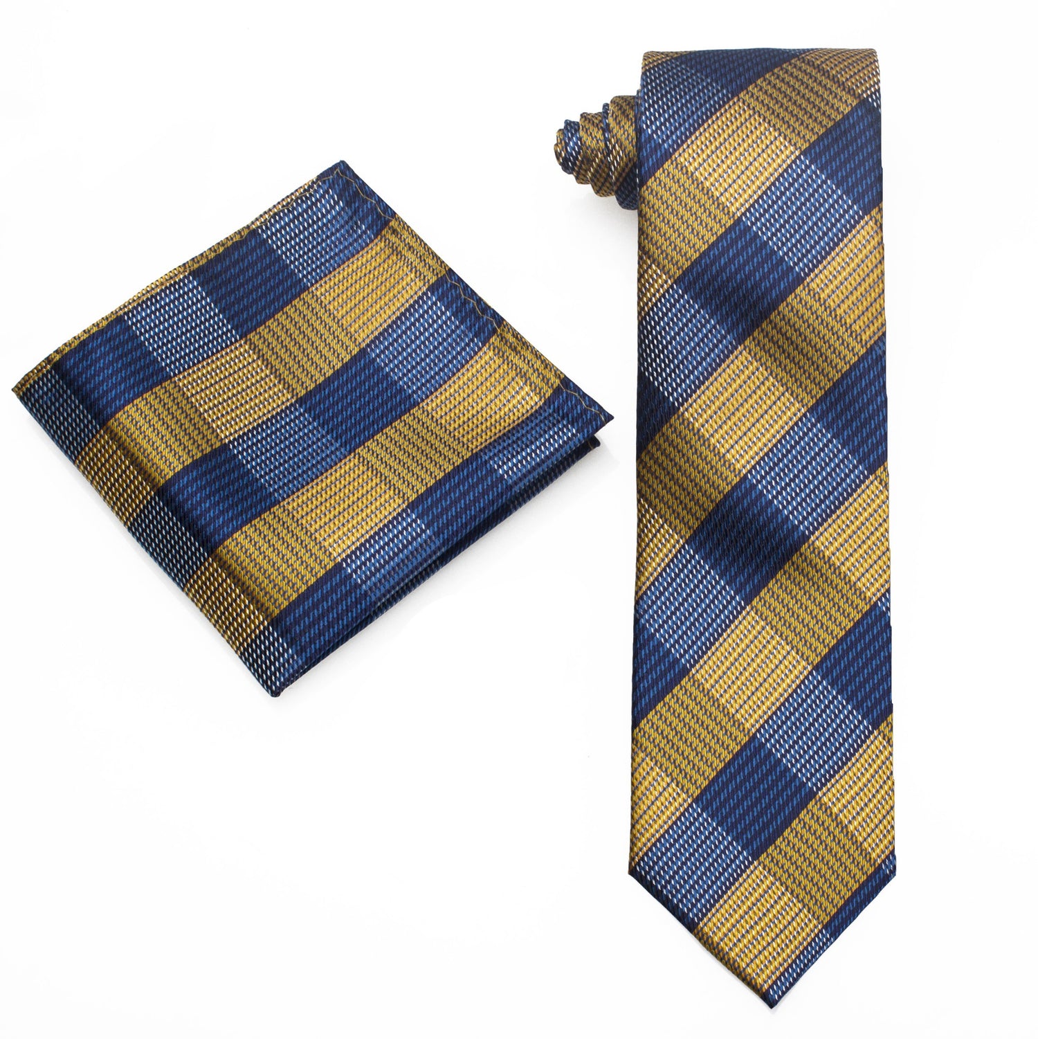 Alt View: Yellow and Blue Plaid Tie and Pocket Square