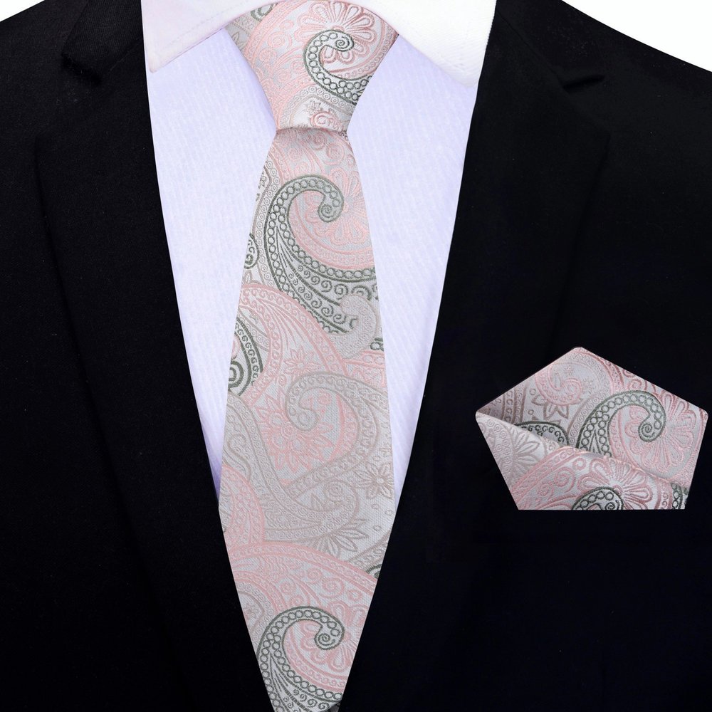 Thin Tie: Light Pink, Army Green Paisley Tie and Square