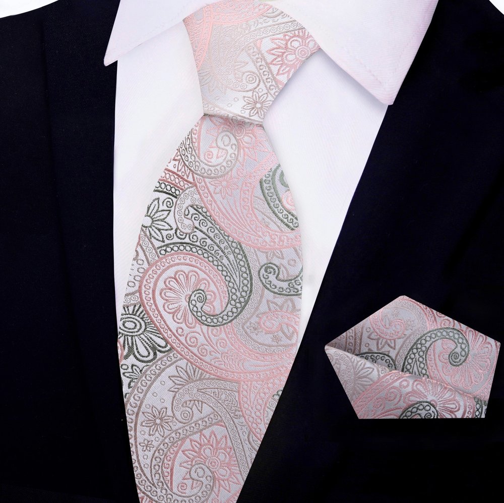 Light Pink, Army Green Paisley Tie and Square