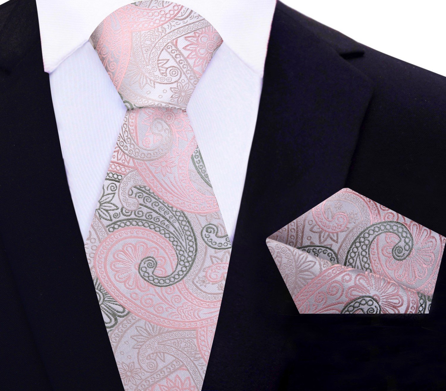 Main View: Light Pink, Army Green Paisley Tie and Square