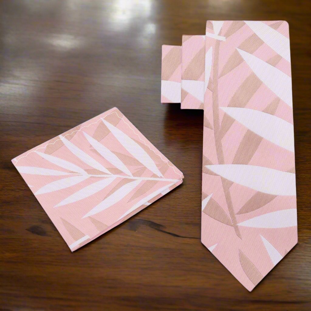 Alt View: Light Pink, Salmon, Light Brown Sketched Leaves Tie and Pocket Square