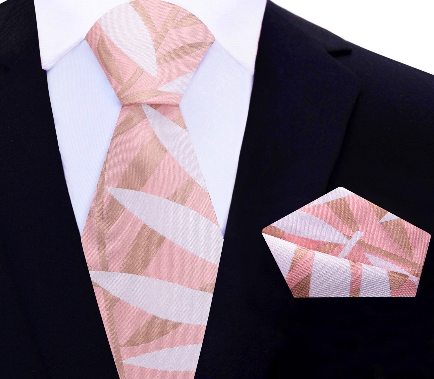 Main View: Light Pink, Salmon, Light Brown Sketched Leaves Tie and Pocket Square