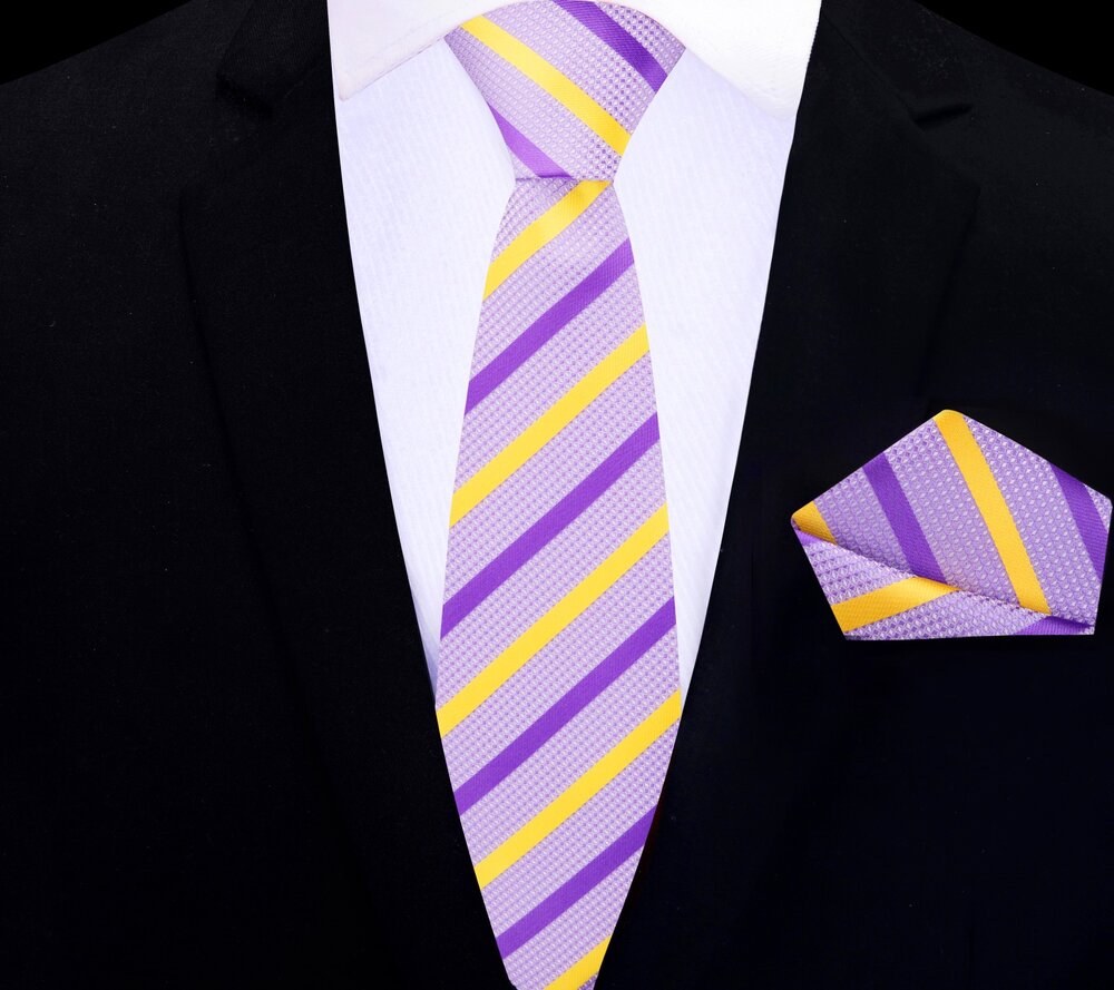 Light Purple, Purple, Yellow Stripe Thin Tie and Square