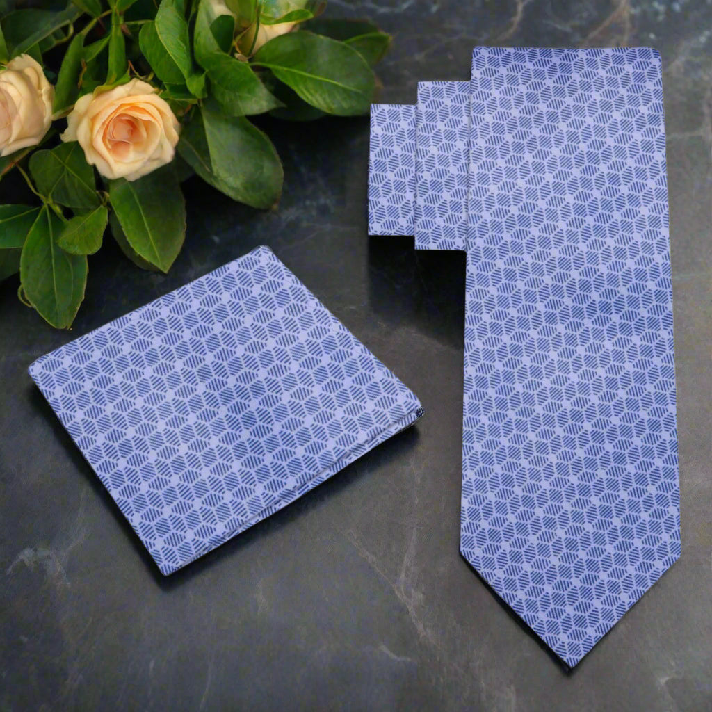 View 2: Deep Periwinkle, Blue 3D Cubes Tie and Pocket Square