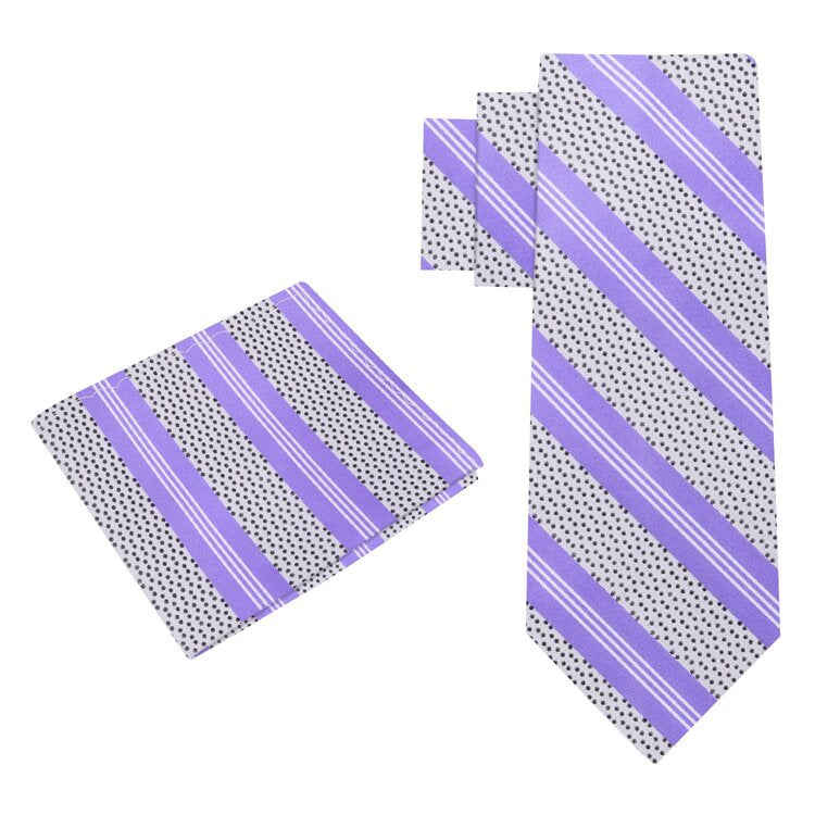 Alt view: Purple, White and Black Stripe with Dots Silk Necktie and Pocket Square