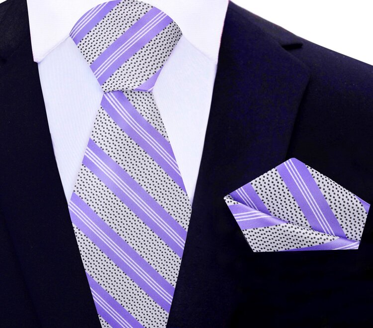 Main: Purple, White and Black Stripe with Dots Silk Necktie and Pocket Square