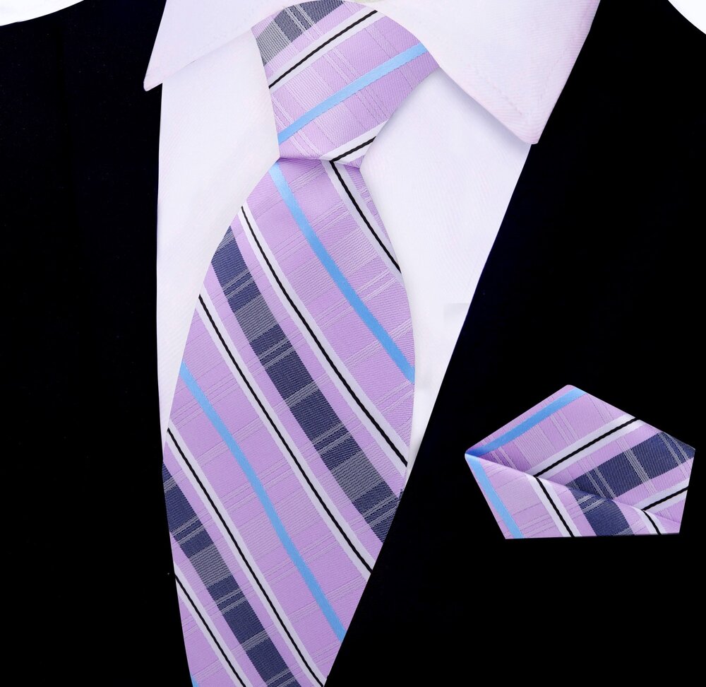Light Purple Blue Arcadia Plaid Tie and Pocket Square||Light Purple