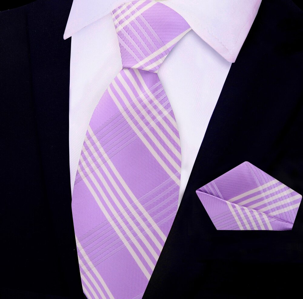 Light Purple, Ghost White Plaid Tie and Pocket Square