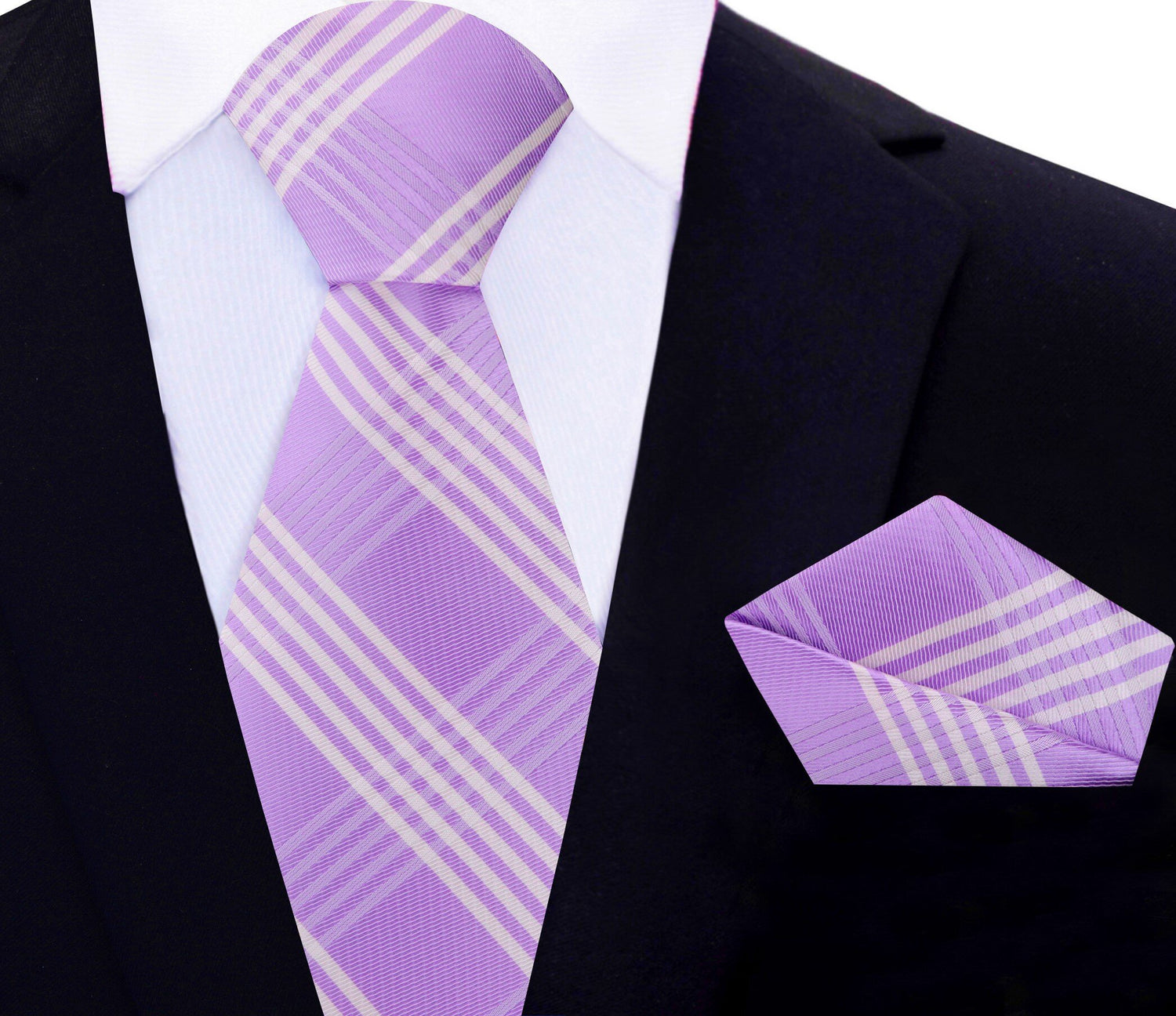 Main View: Light Purple, Ghost White Plaid Tie and Pocket Square