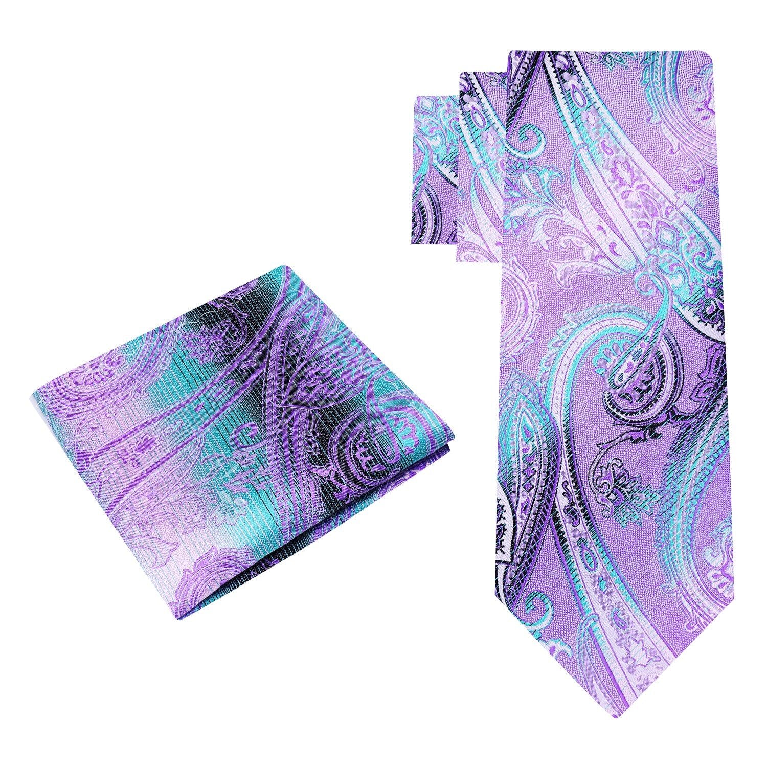 Alt View: A Purple, Light Teal Paisley Pattern Silk Necktie, Matching Pocket Square