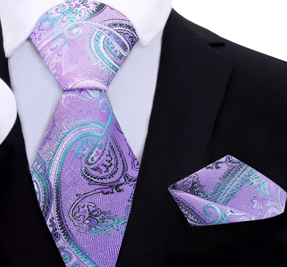 A Purple, Light Teal Paisley Pattern Silk Necktie, Matching Pocket Square ||Purple, Teal