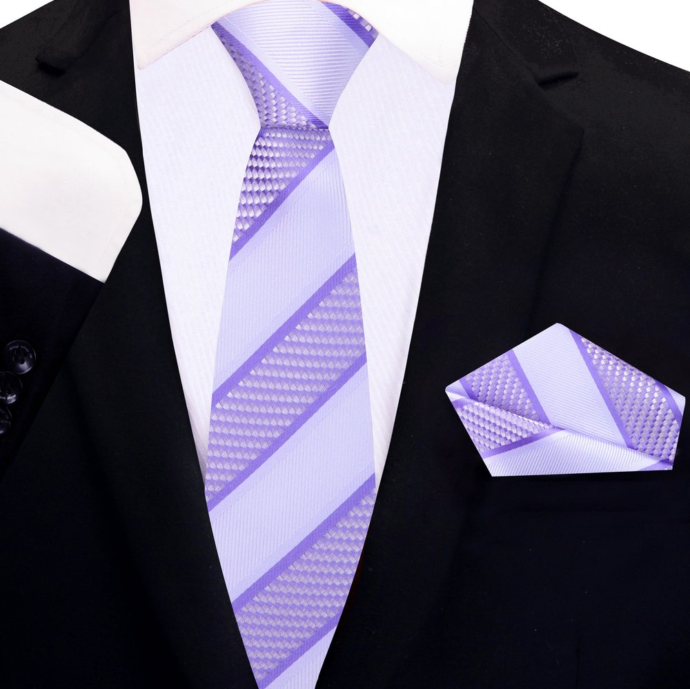 Light Grey, Light Purple Stripe Thin Tie and Pocket Square||Light Purple