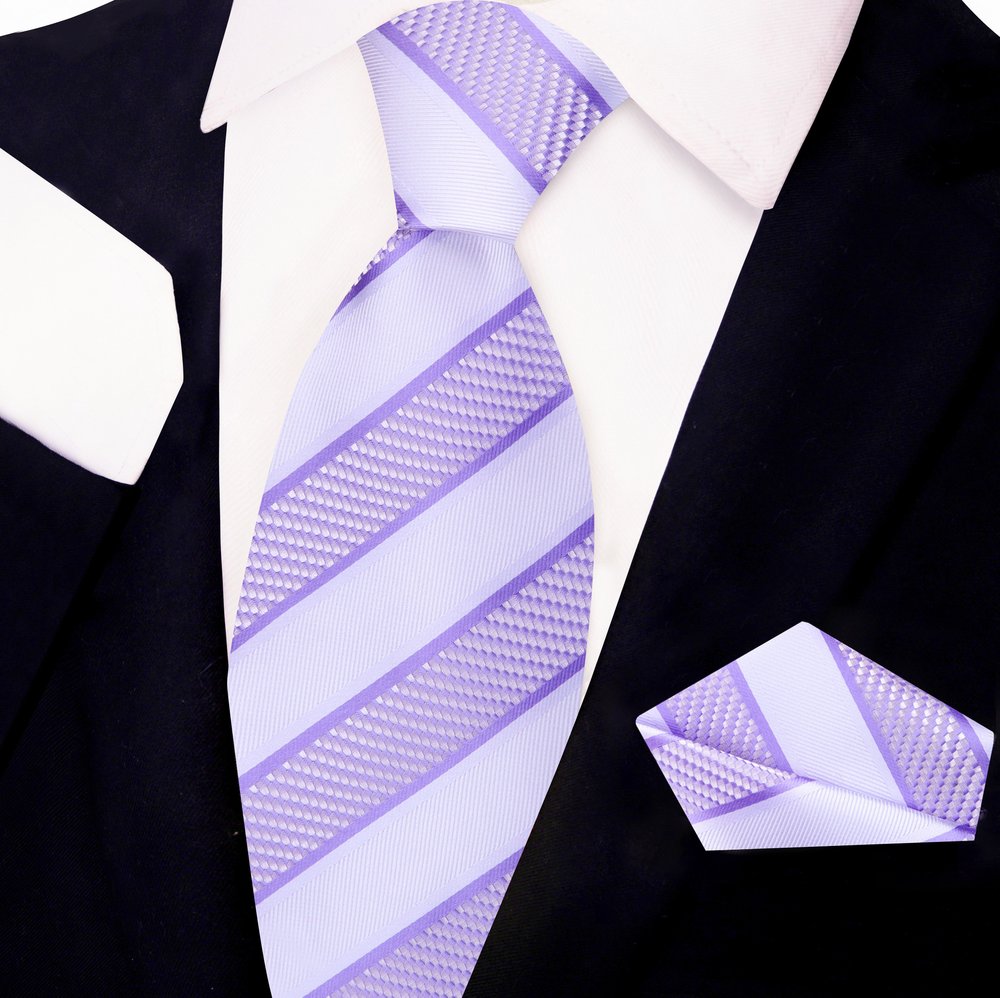 Light Grey, Light Purple Stripe  Tie and Pocket Square||Light Purple