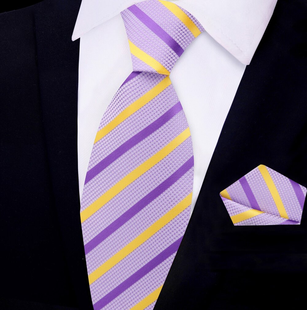 Light Purple, Purple, Yellow Stripe Tie and Square