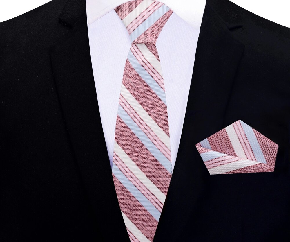 Light Blue, Light Red Stripe Thin Tie and Square||Red