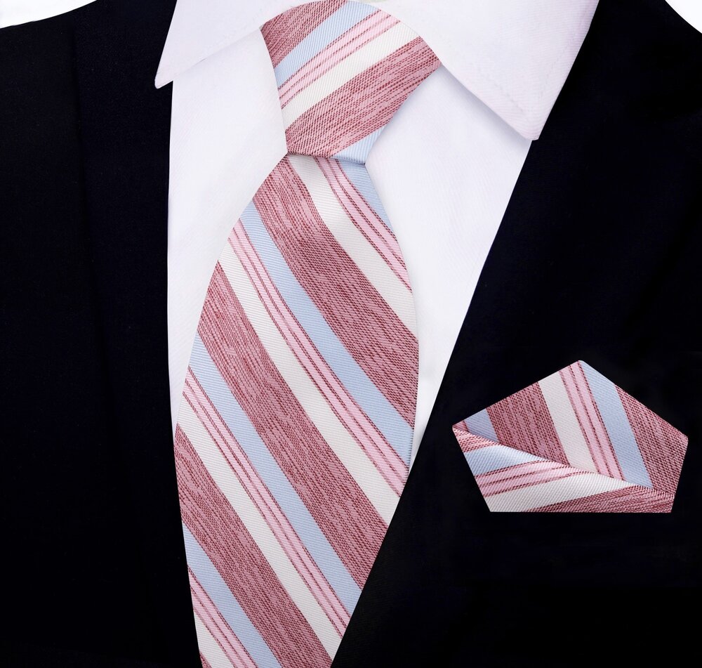 Light Blue, Light Red Stripe Tie and Square||Red