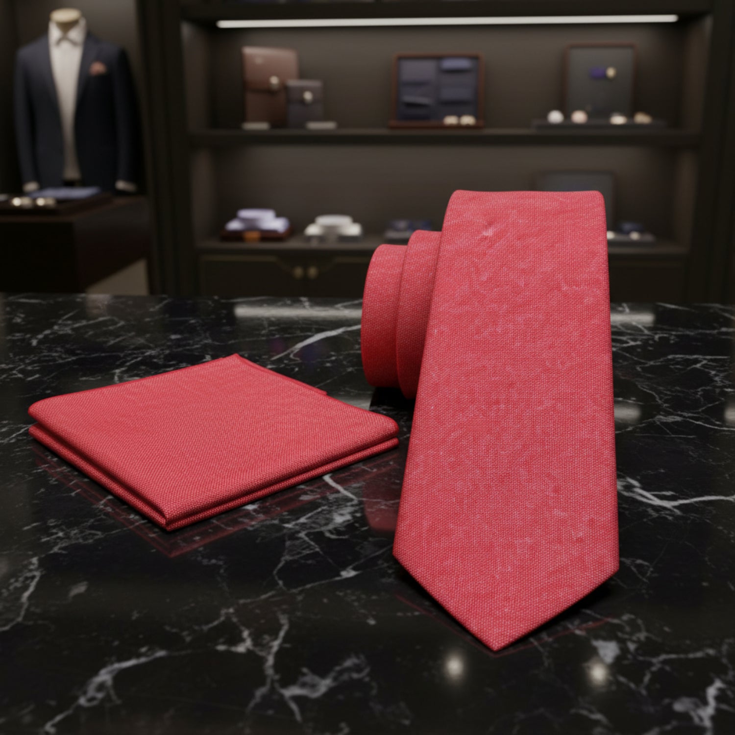 Alt View: Light Red Linen Tie and Pocket Square