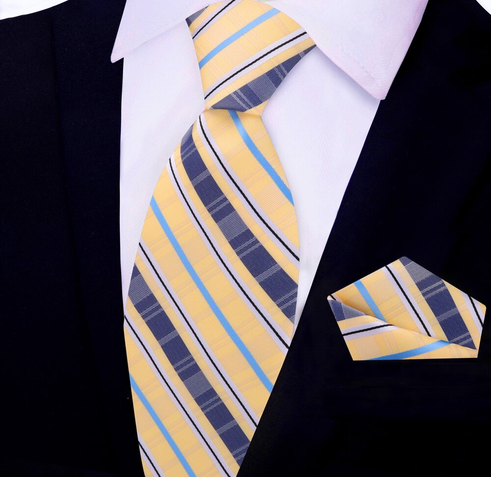 Light Yellow, Midnight Blue, Light Blue Plaid Tie and Pocket Square||Yellow