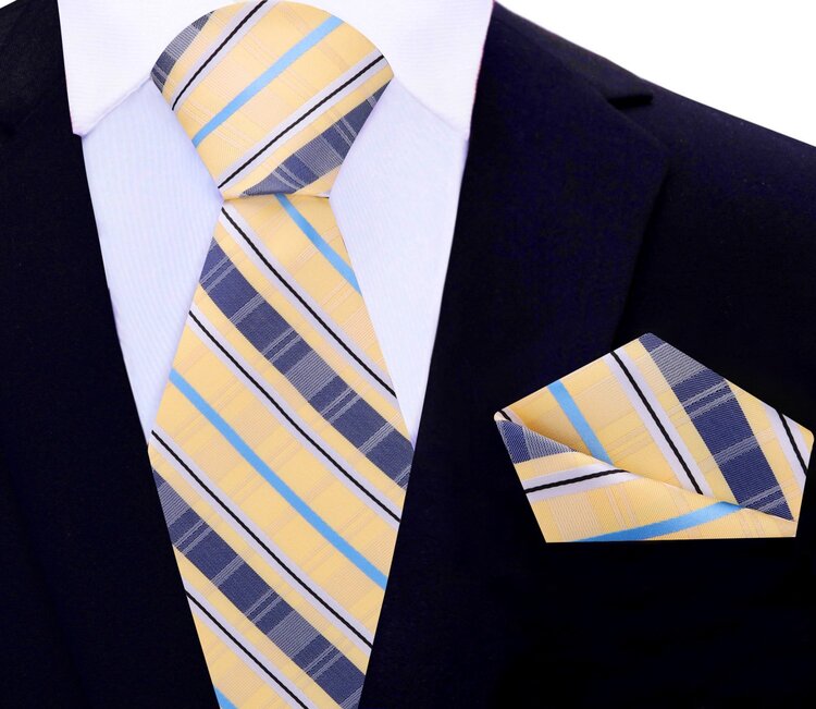 Main View: Light Yellow, Midnight Blue, Light Blue Plaid Tie and Pocket Square