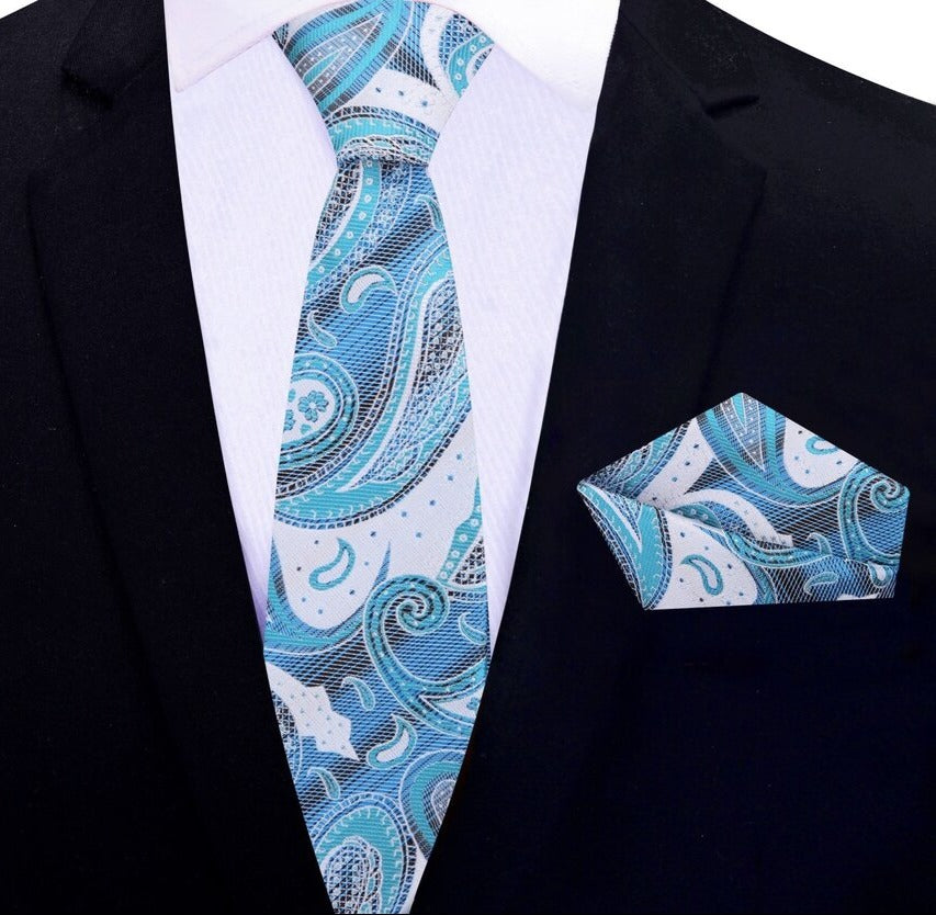 Light Blue Paisley Thin Tie and Pocket Square