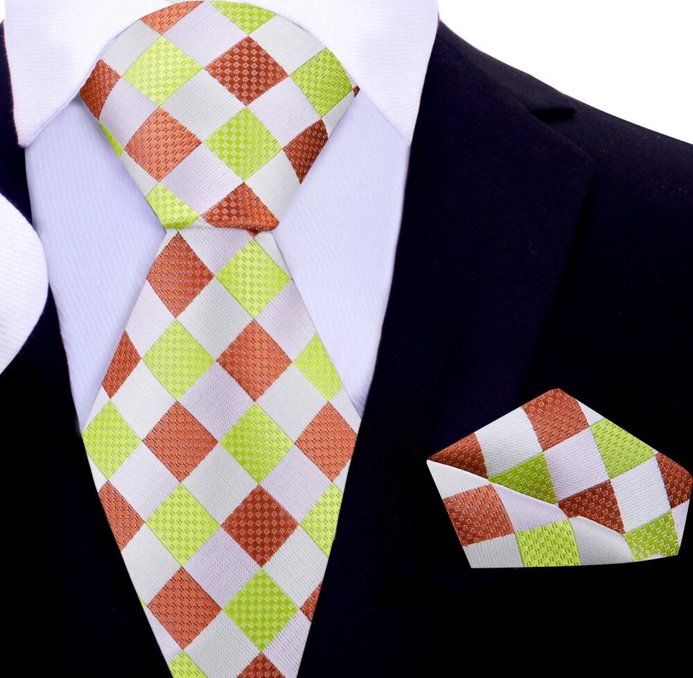 Green, Caramel Check Tie and Square