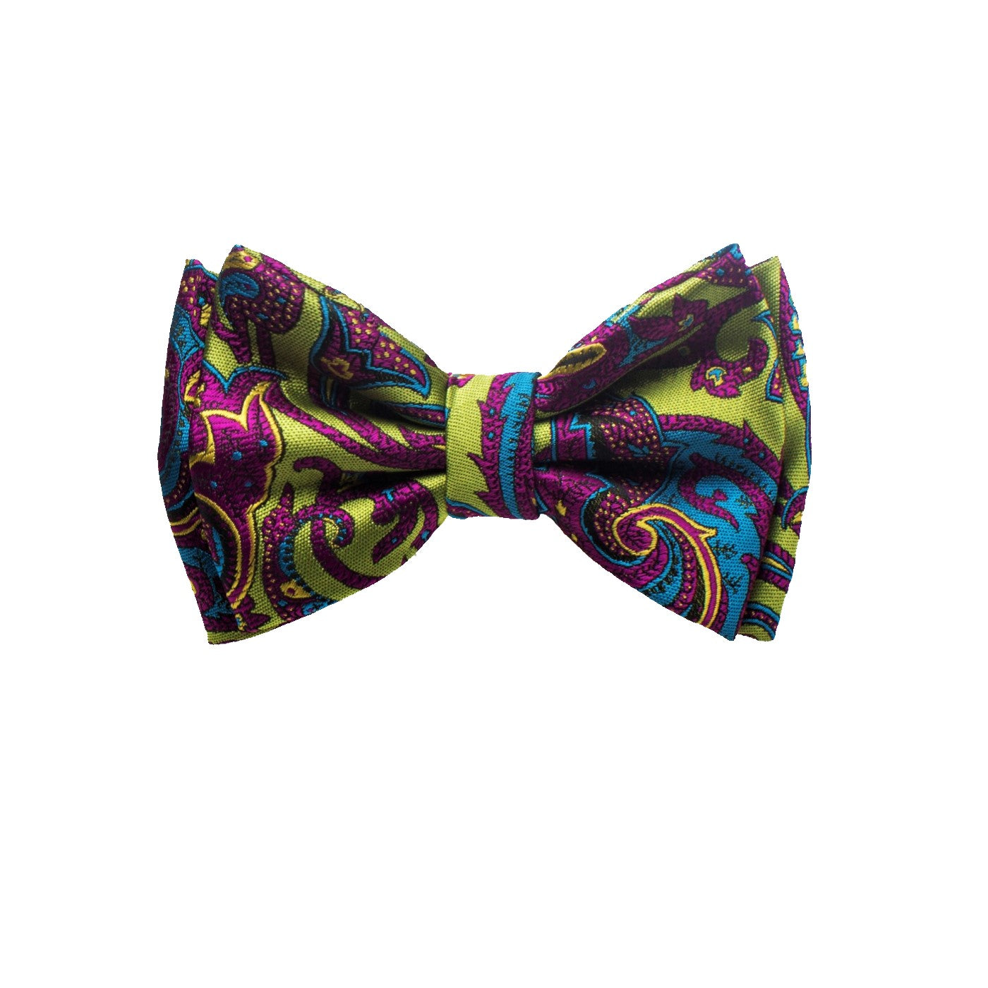 A Lime Green, Purple, Blue Detailed Paisley Pattern Silk Self Tie Bow Tie 